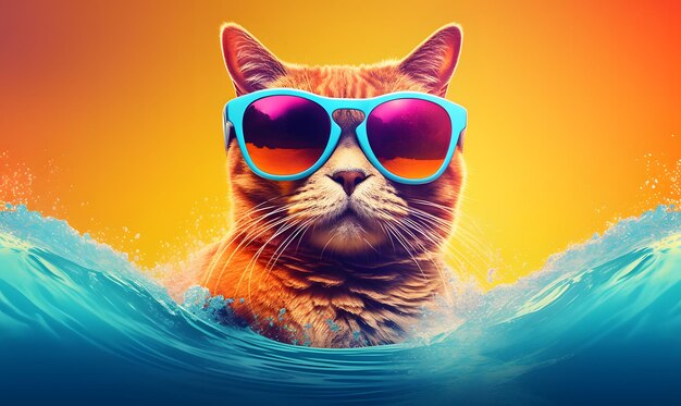 Um gato com óculos escuros surfando no estilo de ação e aventura Generative AI