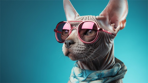Um gato com óculos rosa na cabeça e um par de óculos de sol rosa.