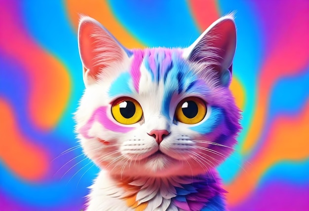 Foto um gato com olhos amarelos e um gato listrado roxo e rosa com olhos amarelo