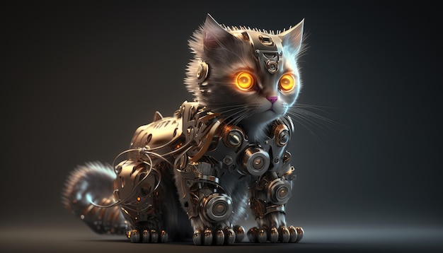 Um gato com olhos brilhantes está sentado em um robô.