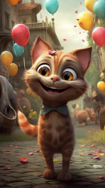 Um gato com olhos grandes e um grande sorriso