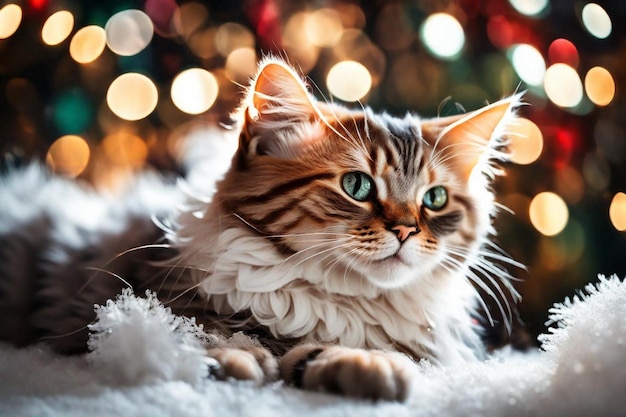 um gato com olhos verdes deitado em um tapete branco com luzes de Natal atrás dele