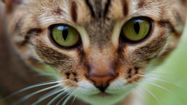 Foto um gato com olhos verdes e um nariz preto