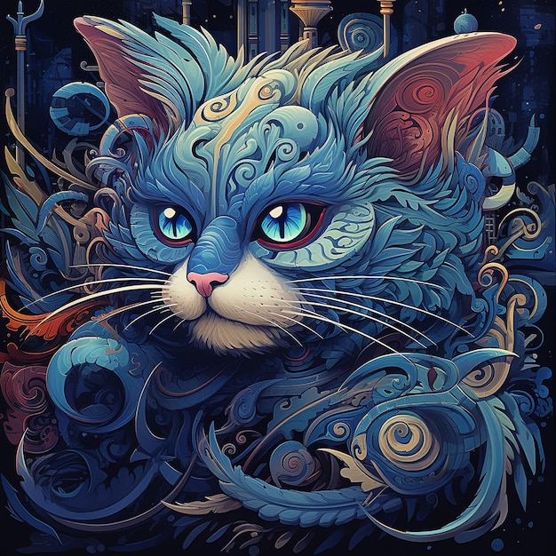 um gato com ornamento na cor azul