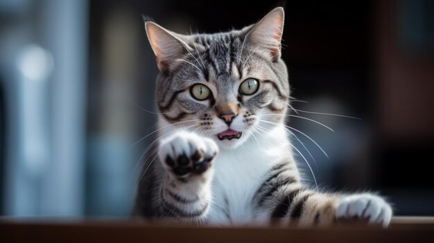 Um gato com peito branco e listras pretas está olhando para a câmera.