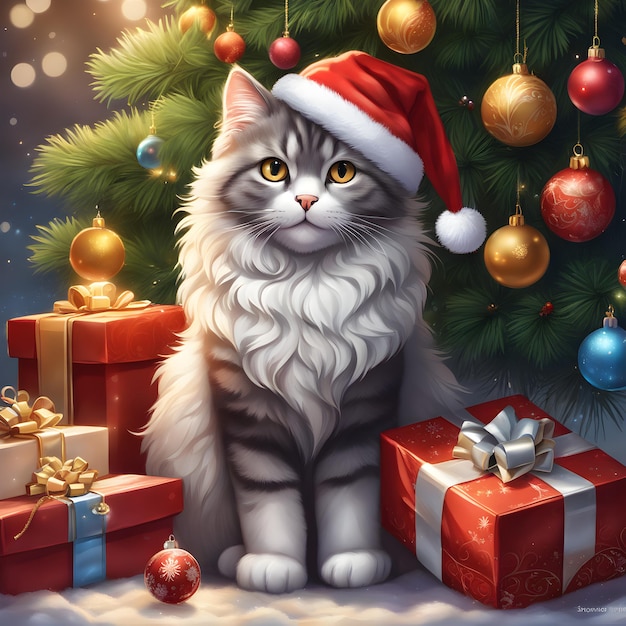 Foto um gato com presentes de natal