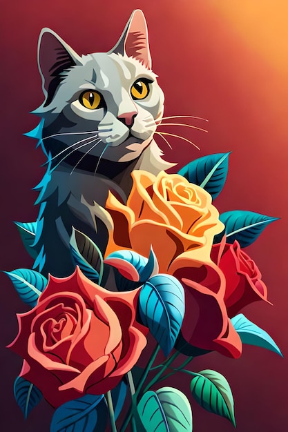 Um gato com rosas nele