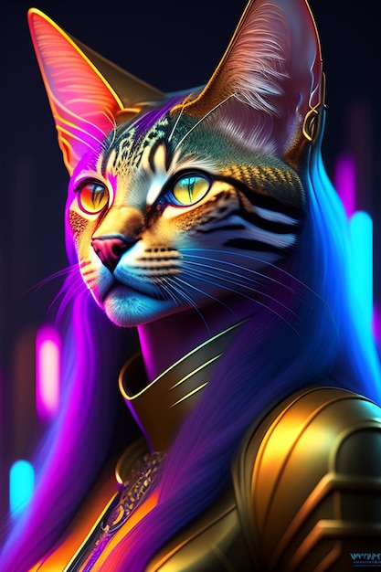 Um gato com rosto humano e uma luz neon nele.