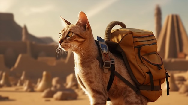 Um gato com um arnês caminha no deserto.