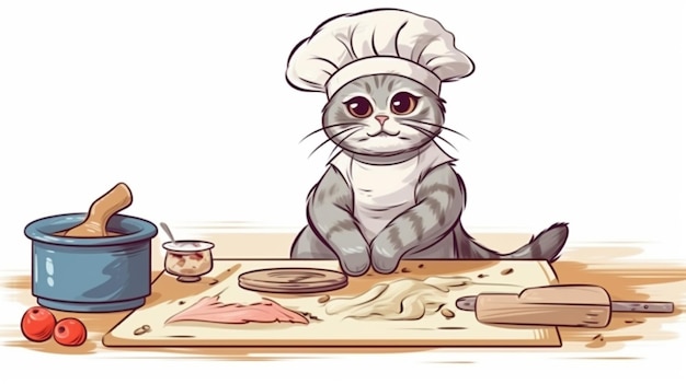 Um gato com um avental e um boné rolando a massa cozinhando em casa