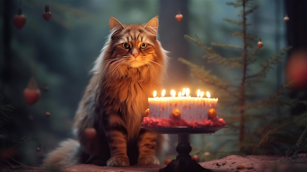 Um gato com um bolo de aniversário na frente