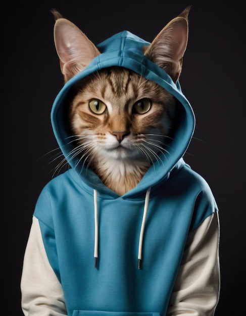 Foto um gato com um capuz azul que diz gato