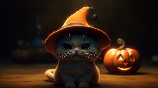 Um gato com um chapéu de bruxa está sentado em frente a uma abóbora com a palavra gato.