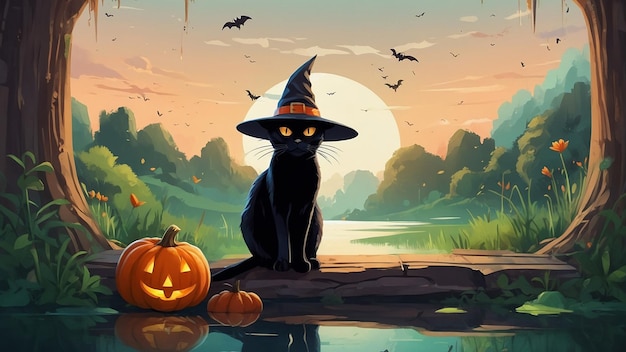 Foto um gato com um chapéu de bruxa senta-se em uma rocha com uma abóbora e as palavras bruxa sobre ele