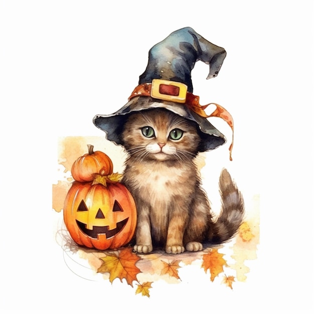 Um gato com um chapéu de bruxa senta-se na frente de uma abóbora.