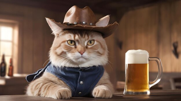 Foto um gato com um chapéu de cowboy e uma caneca de cerveja