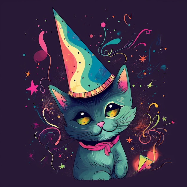 Um gato com um chapéu de festa e um chapéu de festa.
