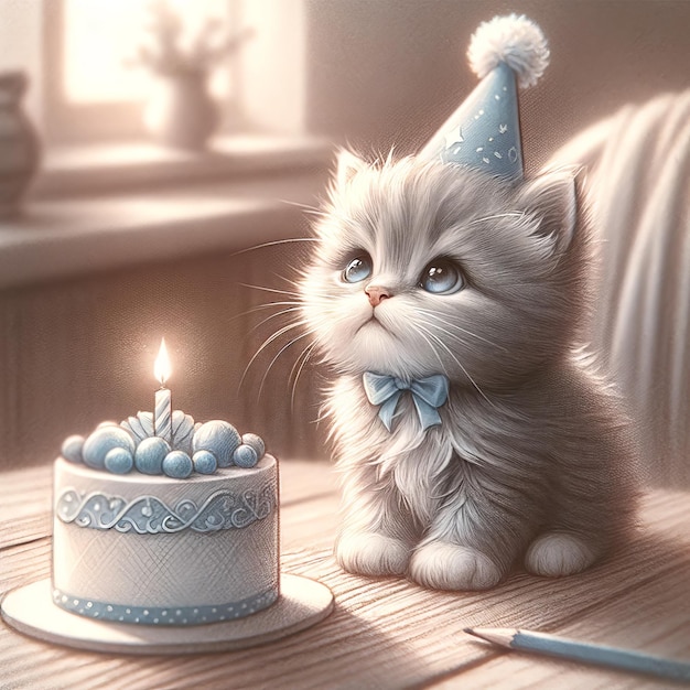 um gato com um chapéu de festa em sua cabeça senta-se ao lado de um bolo de aniversário com uma vela acesa