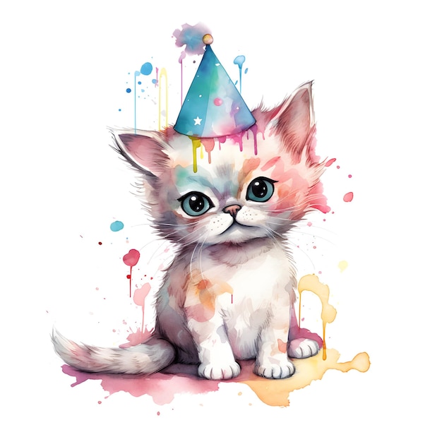 Um gato com um chapéu de festa está sentado em frente a uma pintura em aquarela de um gato.