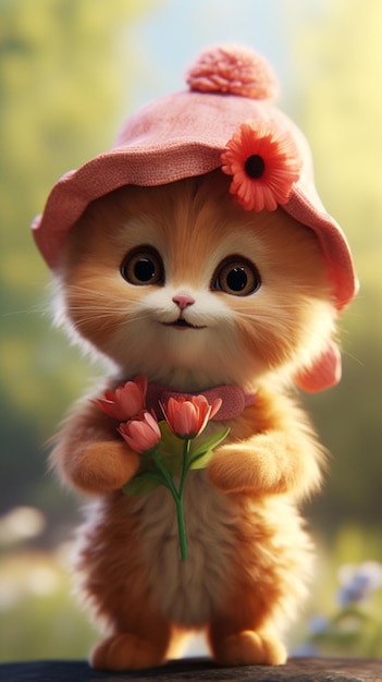 Um gato com um chapéu e flores