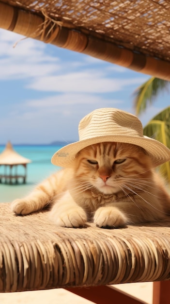 Um gato com um chapéu está deitado no telhado viajando na praia