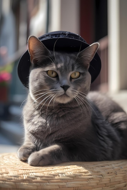 Um gato com um chapéu na cabeça