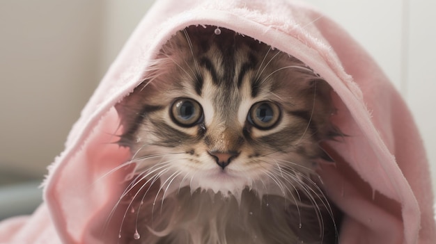Um gato com um cobertor rosa na cabeça