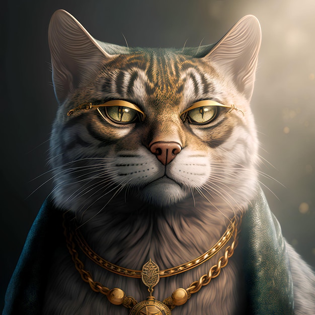 Um gato com um colar de ouro e um cachecol verde está usando um colar de ouro.