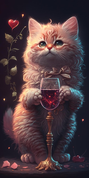 Um gato com um copo de vinho