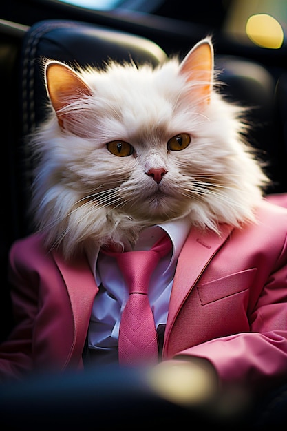 Um gato com um elegante terno e gravata rosa