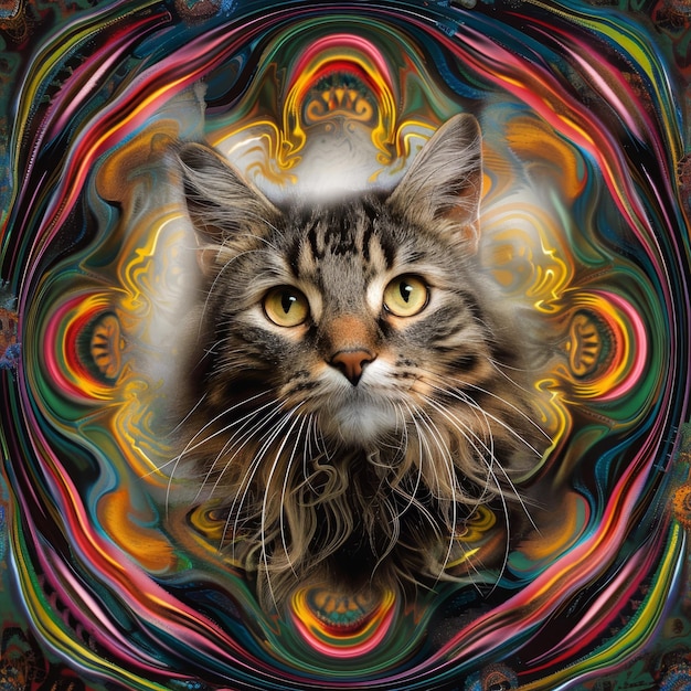Foto um gato com um fundo colorido que tem um padrão de círculos no centro