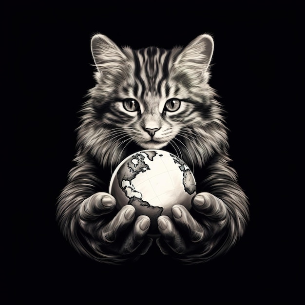 um gato com um globo nas mãos está segurando um globo.