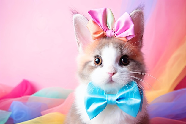 Um gato com um laço rosa na cabeça