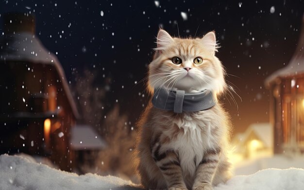 um gato com um lenço ao redor do pescoço senta-se na neve