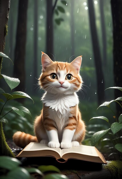 Foto um gato com um livro na floresta tropical mística