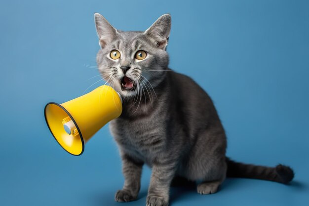 Um gato com um megafone amarelo que diz 'gato'