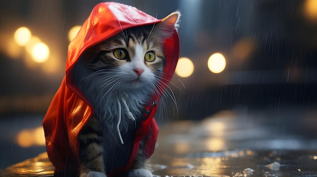 Um gato com um mini casaco de chuva andando em uma chuva suave na cidade