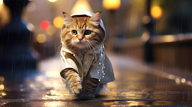 Um gato com um mini casaco de chuva andando em uma chuva suave na cidade