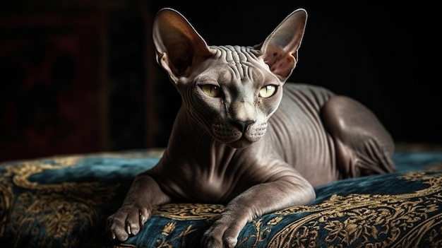 Um gato com um padrão azul e dourado