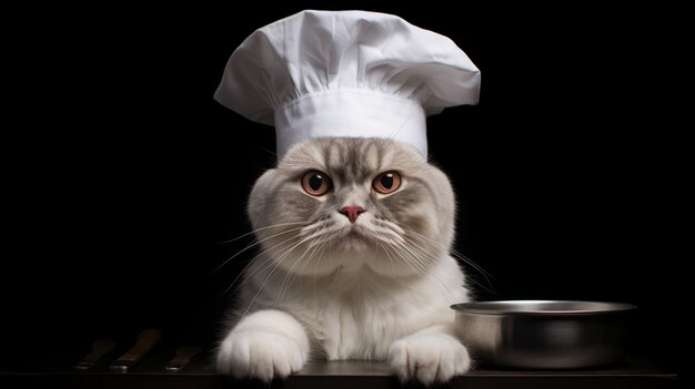 Um gato com um pequeno chapéu de chef como se fosse um fundo gourmet