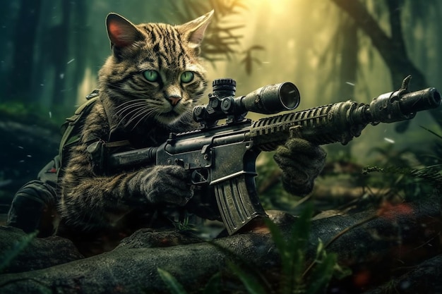 Um gato com um rifle na floresta