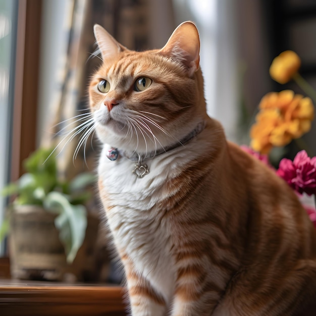 Um gato com um sino no pescoço está sentado em frente a uma janela.