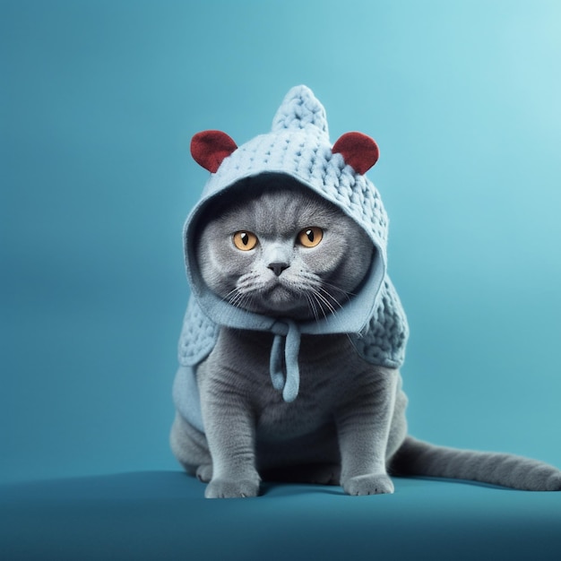 um gato com um suéter na cabeça e um lenço que diz "gato"