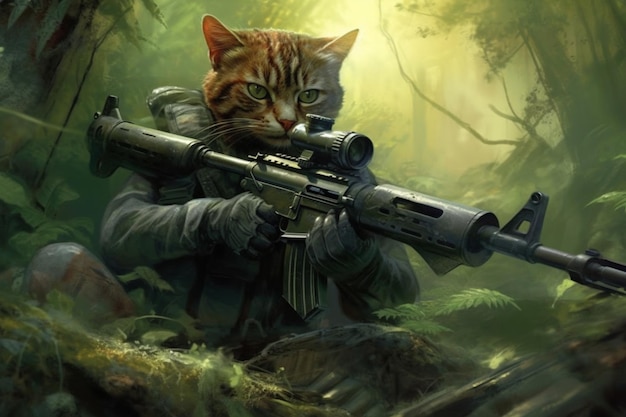 Um gato com uma arma está na floresta.