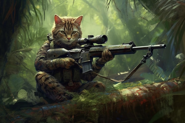 Um gato com uma arma está sentado em uma selva.