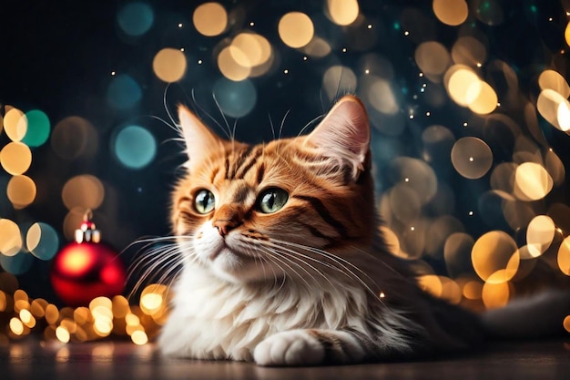 um gato com uma árvore de Natal ao fundo