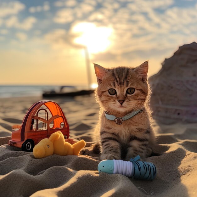 um gato com uma bandagem na cabeça senta-se na areia com um barco de brinquedo ao fundo