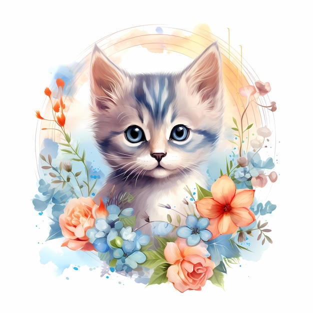 um gato com uma cabeça azul e flores nele