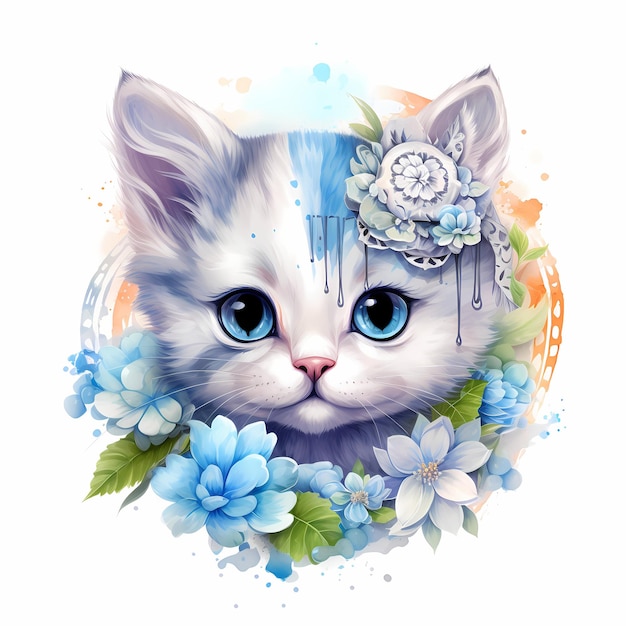 um gato com uma cabeça azul e flores nele