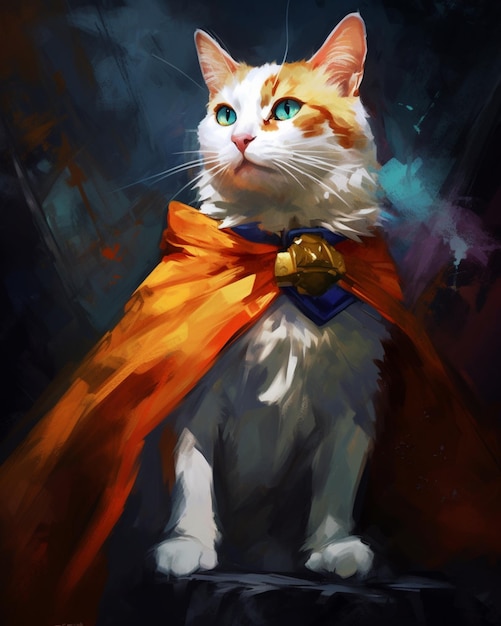 Um gato com uma capa que diz 'super herói' nela